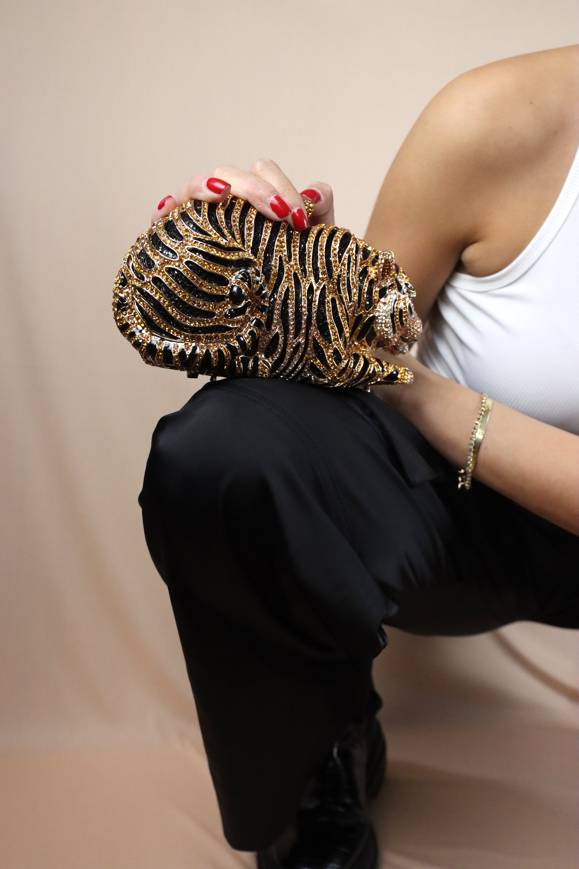 Mujer hincada sosteniendo una bolsa en forma de tigre.